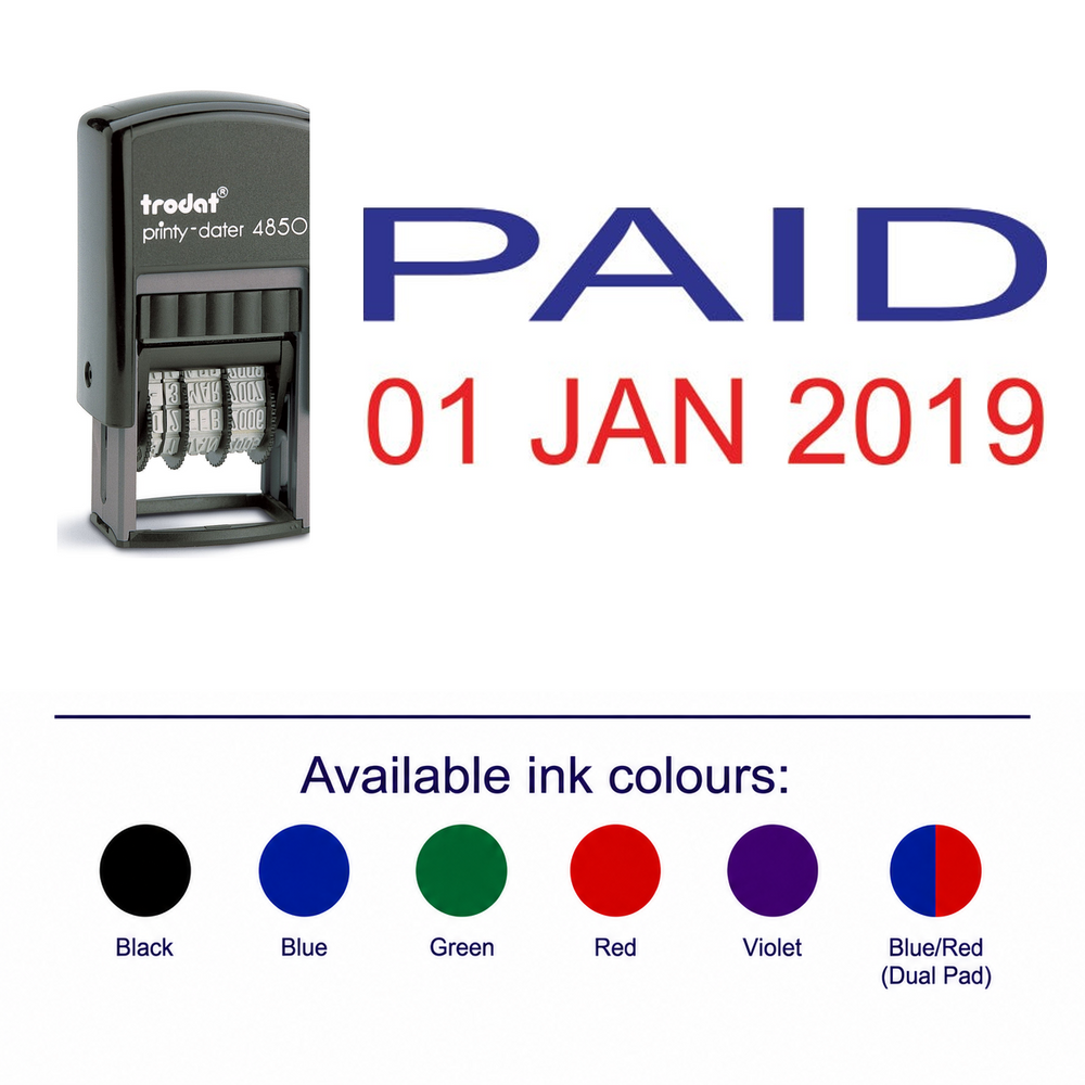 Trodat 4850 Stock Date Stamp - PAID – stamp and matching imprint with available ink colours