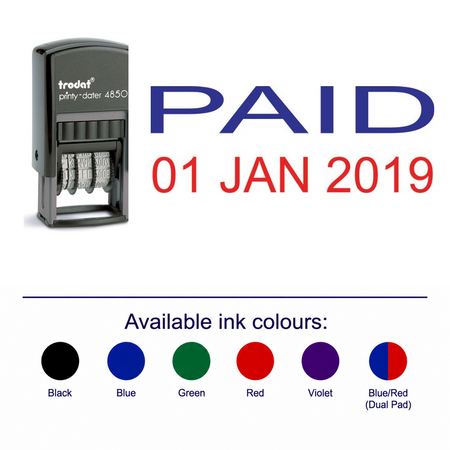 Trodat 4850 Stock Date Stamp - PAID – stamp and matching imprint with available ink colours