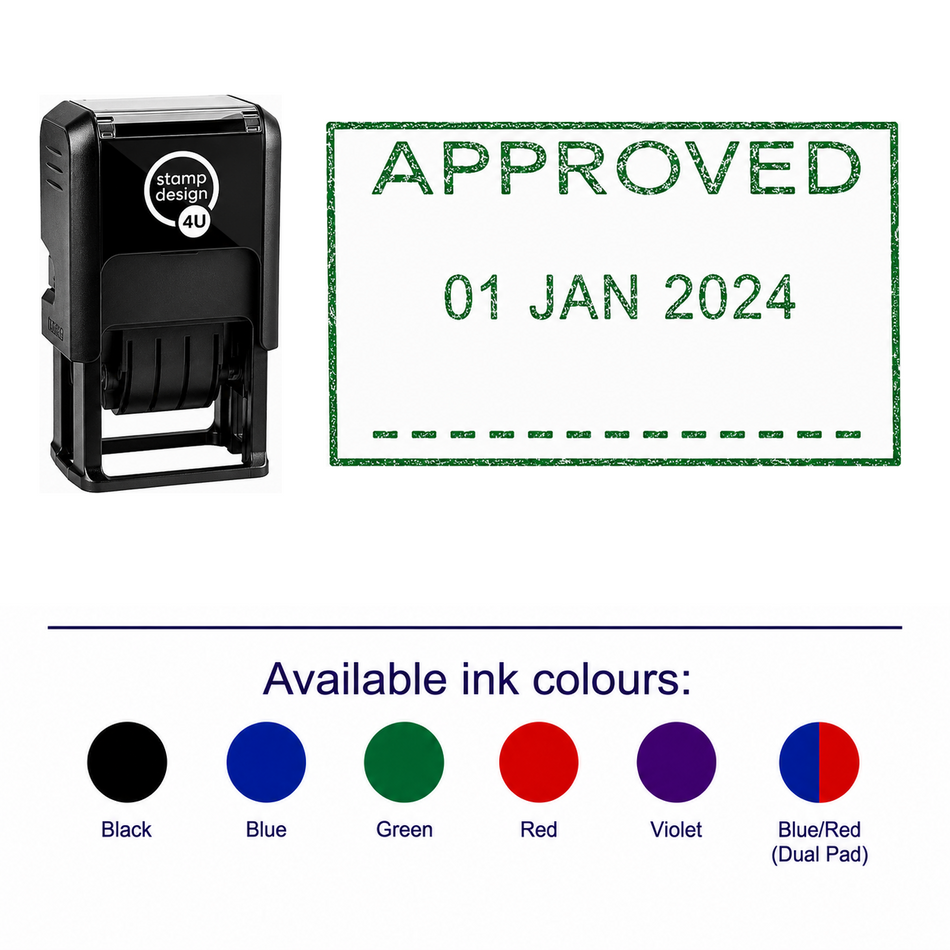 APPROVED Date Stamp | Trodat Printy 4750 Self-Inking Dater Rubber Stamp | Quality Control, Compliance & Document – stamp and matching imprint with available ink colours