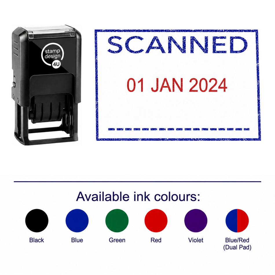 SCANNED Date Stamp | Trodat Printy 4750 Self-Inking Dater Rubber Stamp | Office, Warehouse & Document Processing Stamp – stamp and matching imprint with available ink colours