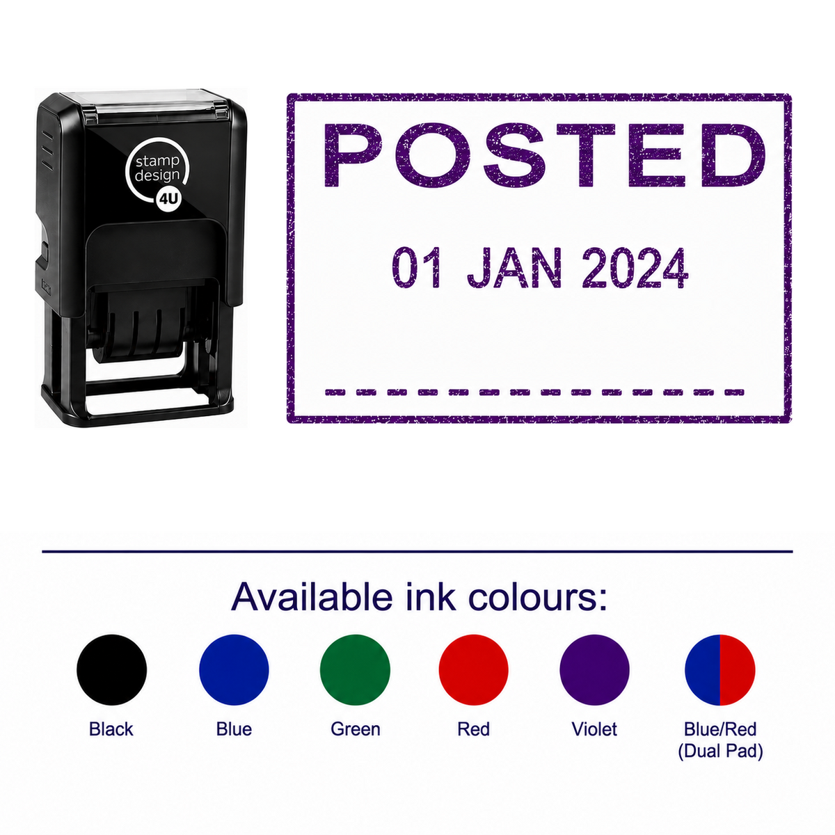 POSTED Date Stamp | Trodat Printy 4750 Self-Inking Dater Rubber Stamp | Mailroom, Dispatch & Administration Stamp – stamp and matching imprint with available ink colours