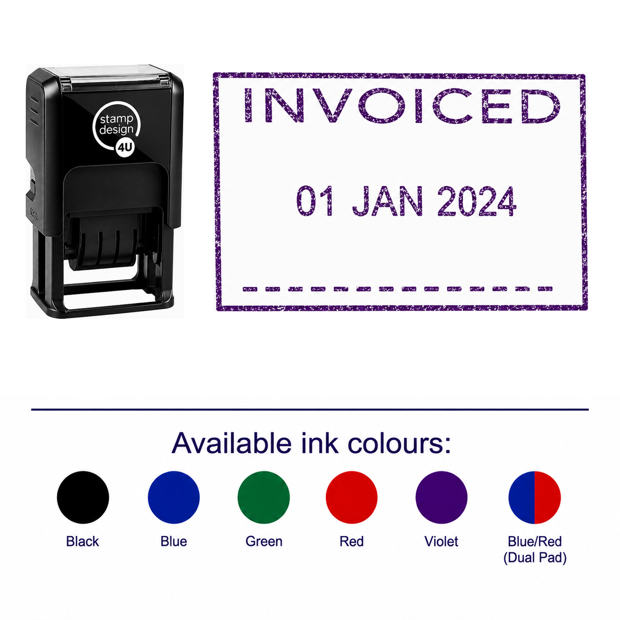 INVOICED Date Stamp | Trodat Printy 4750 Self-Inking Dater Rubber Stamp | Accounts, Billing & Finance Office Stamp | 41 – stamp and matching imprint with available ink colours