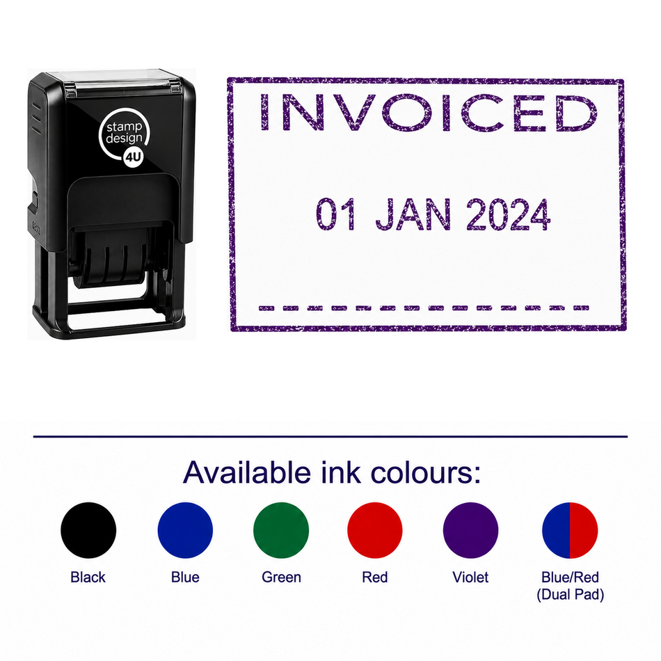 INVOICED Date Stamp | Trodat Printy 4750 Self-Inking Dater Rubber Stamp | Accounts, Billing & Finance Office Stamp | 41 – stamp and matching imprint with available ink colours