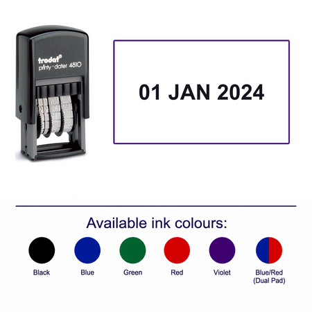 Trodat Printy Mini Dater 4810 3.8mm – stamp and matching imprint with available ink colours