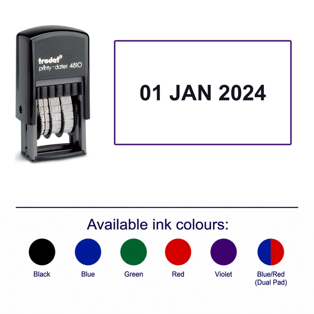 Trodat Printy Mini Dater 4810 3.8mm – stamp and matching imprint with available ink colours