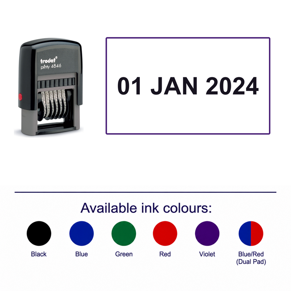 Trodat Printy Date 4846 – stamp and matching imprint with available ink colours