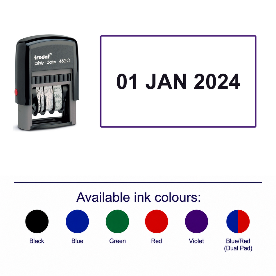 Trodat Printy Dater 4820 4mm – stamp and matching imprint with available ink colours