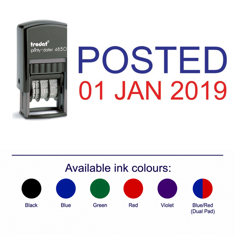 Trodat 4850 Stock Date Stamp - POSTED – stamp and matching imprint with available ink colours