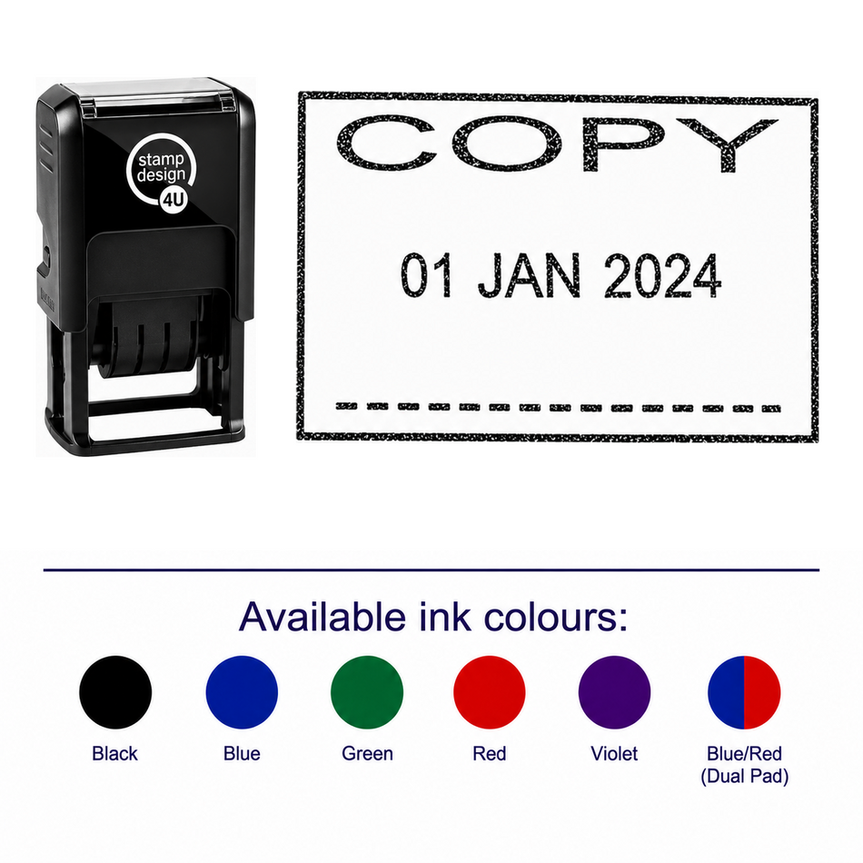 COPY Date Stamp | Trodat Printy 4750 Self-Inking Dater Rubber Stamp | Document Control, Filing & Administration Stamp – stamp and matching imprint with available ink colours