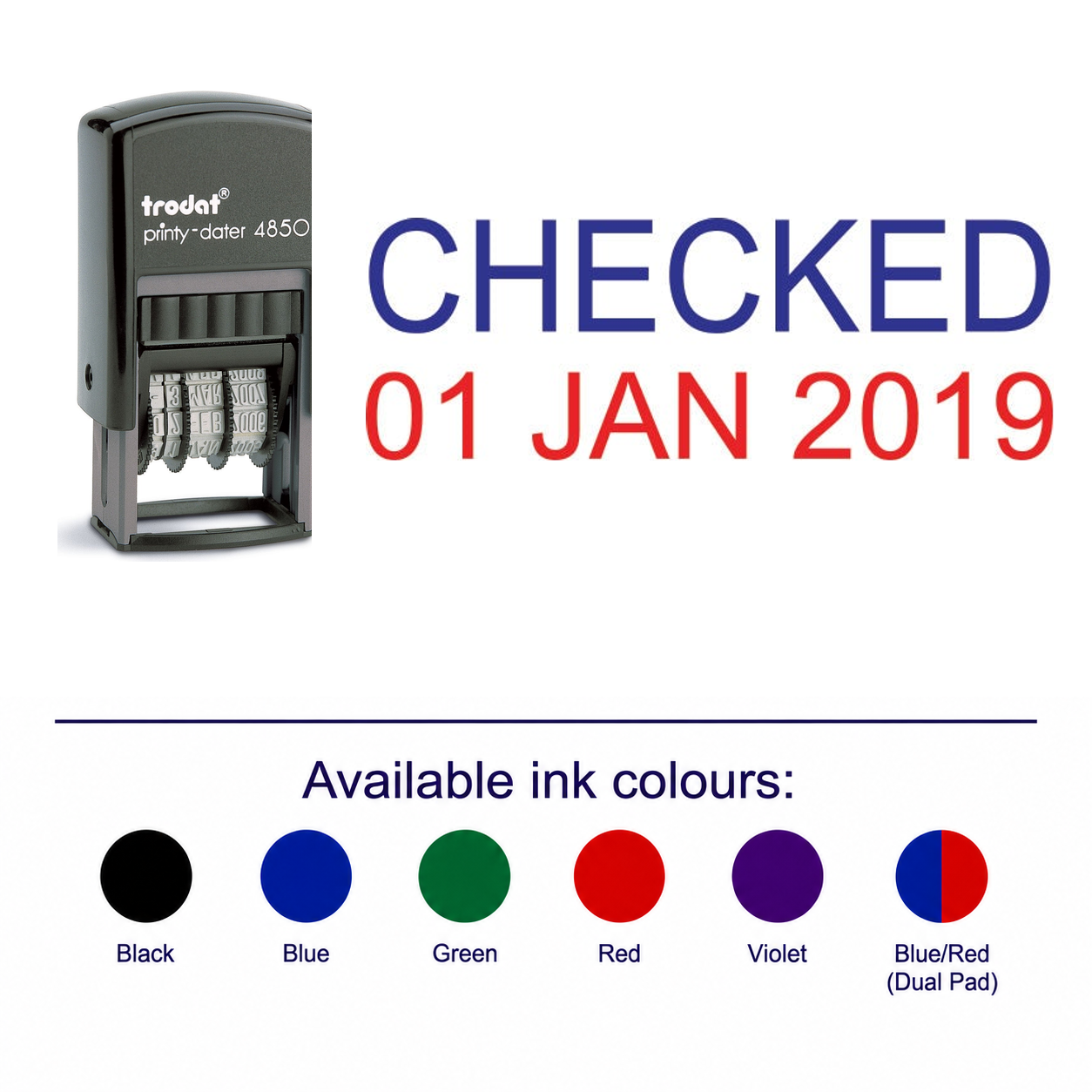 Trodat 4850 Stock Date Stamp - CHECKED – stamp and matching imprint with available ink colours