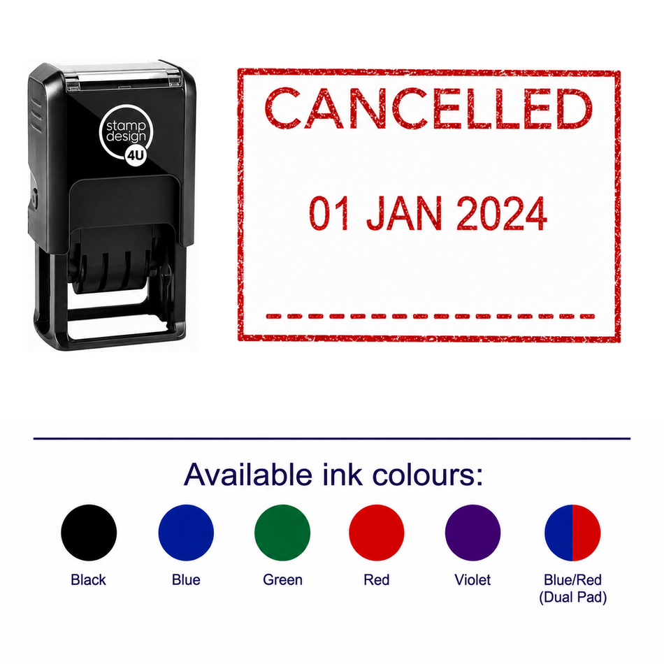 CANCELLED Date Stamp | Trodat Printy 4750 Self-Inking Dater Rubber Stamp | Accounts, Administration & Document Control – stamp and matching imprint with available ink colours