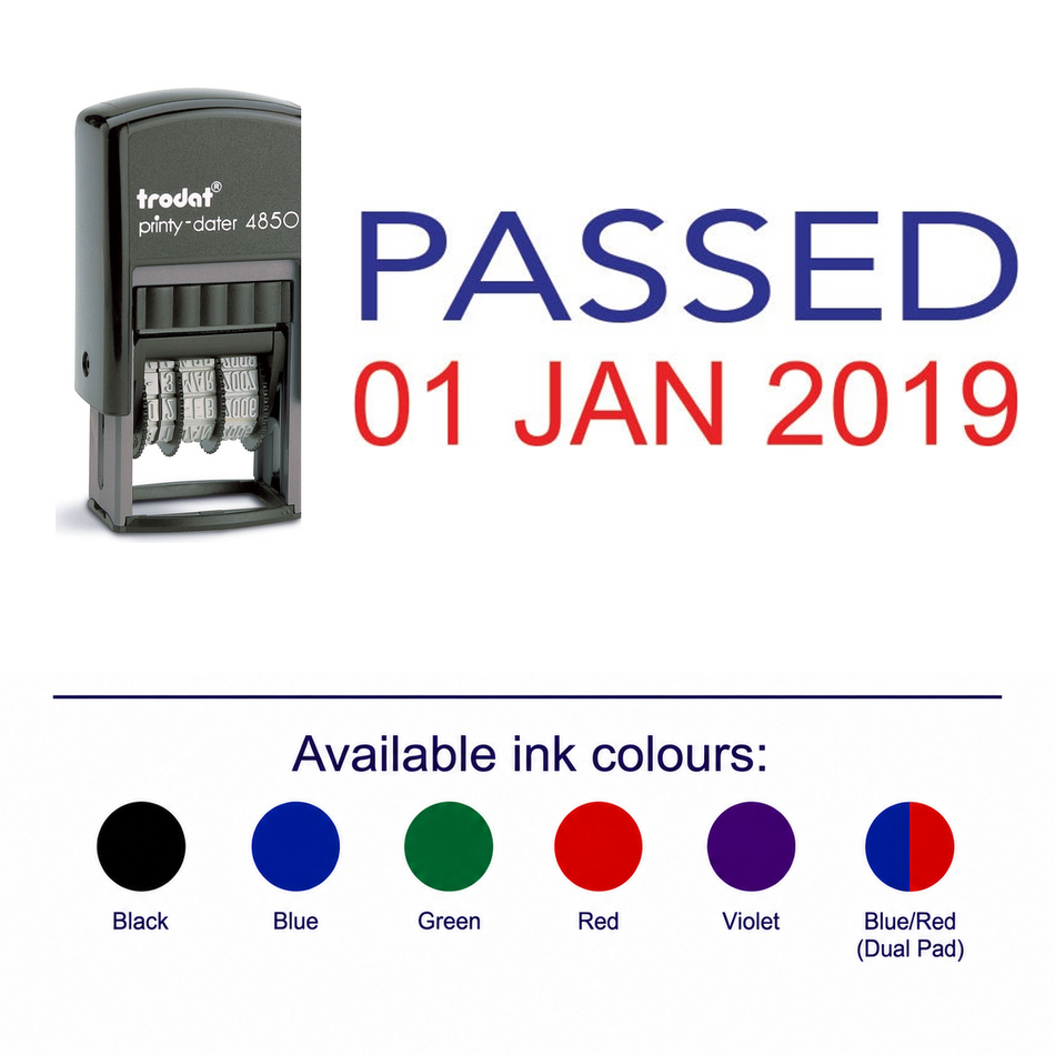 Trodat 4850 Stock Date Stamp - PASSED – stamp and matching imprint with available ink colours