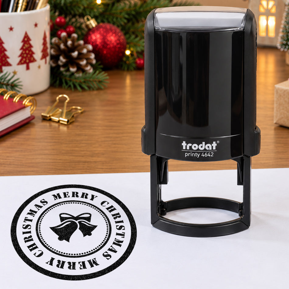Trodat 4642 'Merry Christmas' Self-Inking Stamp – 42mm Round with Bells Design