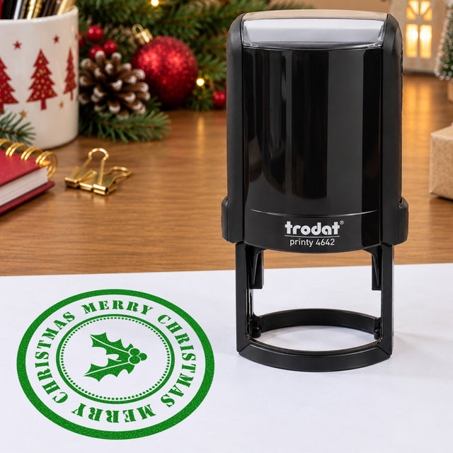Trodat 4642 'Merry Christmas' Self-Inking Stamp – 42mm Round with Holly Design