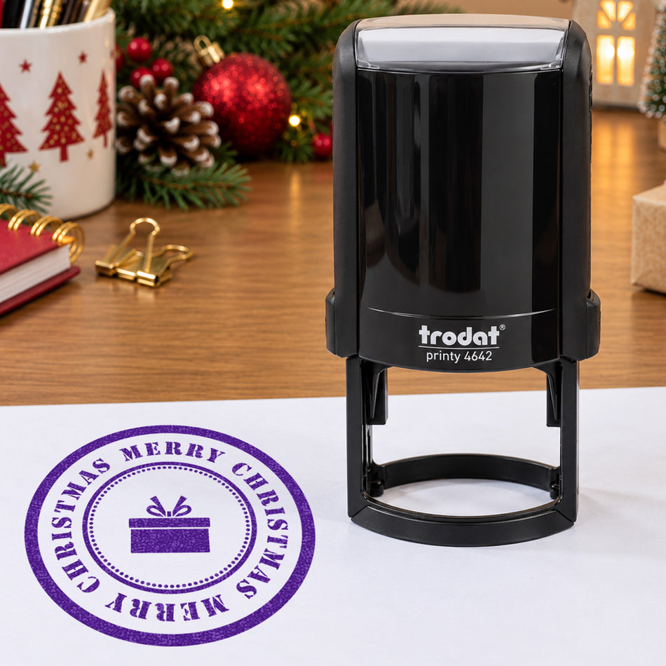 Trodat 4642 'Merry Christmas' Self-Inking Stamp – 42mm Round with Gift Box Design
