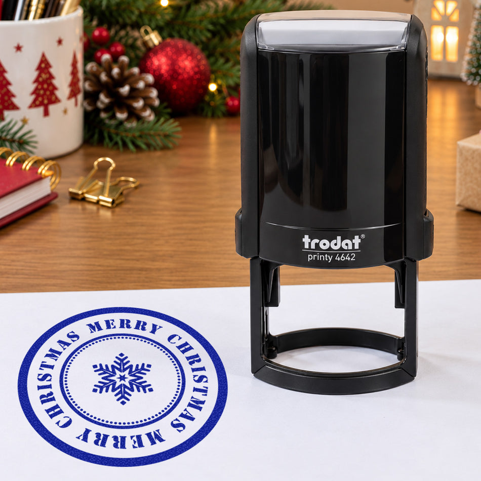 Trodat 4642 'Merry Christmas' Self-Inking Stamp – 42mm Round with Snowflake Design