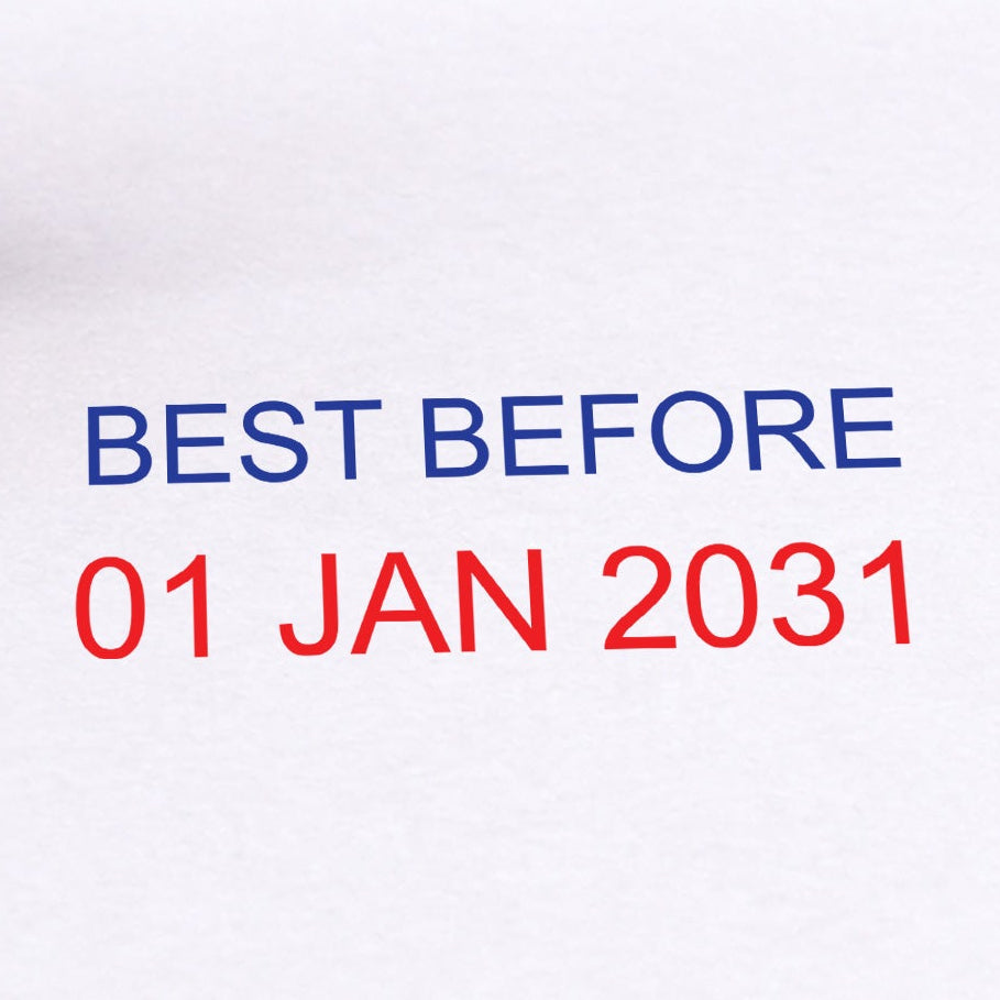 Trodat 4850 Stock Date Stamp - BEST BEFORE in Blue and Red Ink