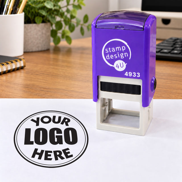Purple SD4U 4933 logo stamp on an office desk with a black Your Logo Here sample impression