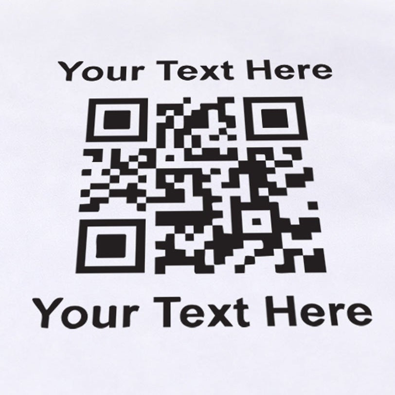 Close-up of a black sample QR code with Your Text Here placeholders above and below