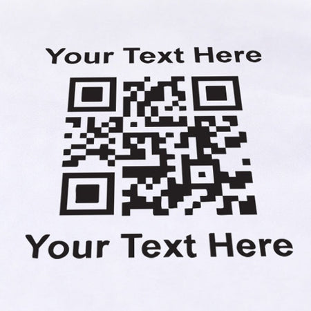 Close-up of a black sample QR code with Your Text Here placeholders above and below