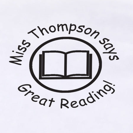 Close-up of a black personalised Book teacher stamp sample impression with open book design