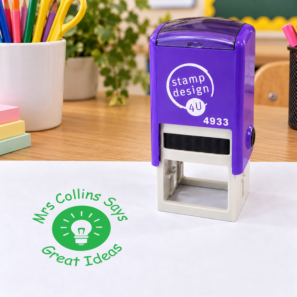 Personalised Bright Ideas Teacher Stamp | Light Bulb Classroom Reward Stamp | Self Inking School Stamp 25 x 25mm