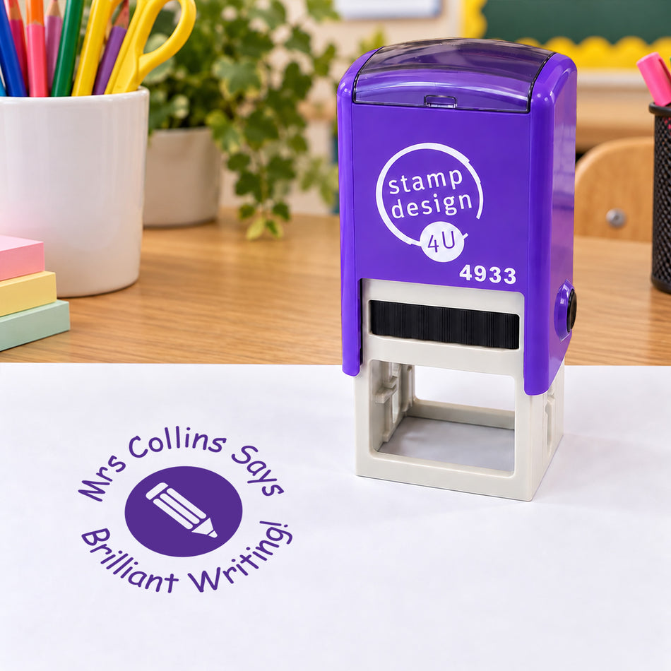 Personalised Pencil Teacher Stamp | Custom Classroom Marking Stamp | Self Inking School Stamp 25 x 25mm