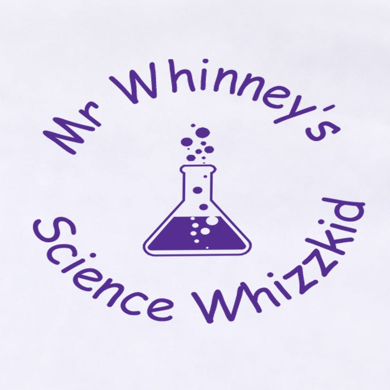 Close-up of a violet personalised Science teacher stamp sample impression with laboratory flask design