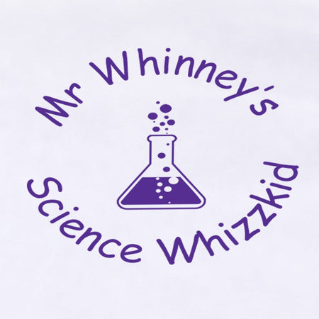 Close-up of a violet personalised Science teacher stamp sample impression with laboratory flask design