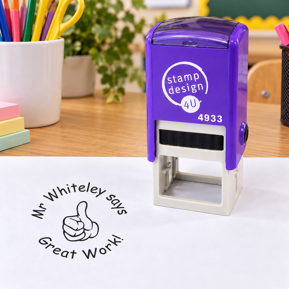Personalised Teacher Stamp with Thumbs Up Icon | Custom Name Classroom Stamp | Self Inking School Stamp 25 x 25mm
