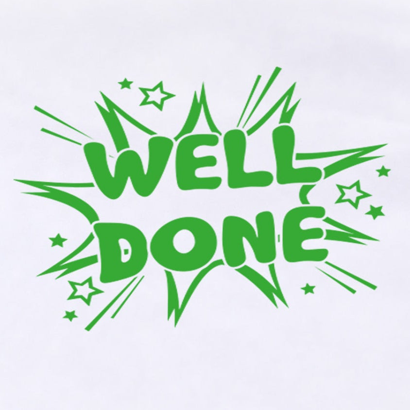 Close-up of the green Well Done stock stamp impression with starburst and stars