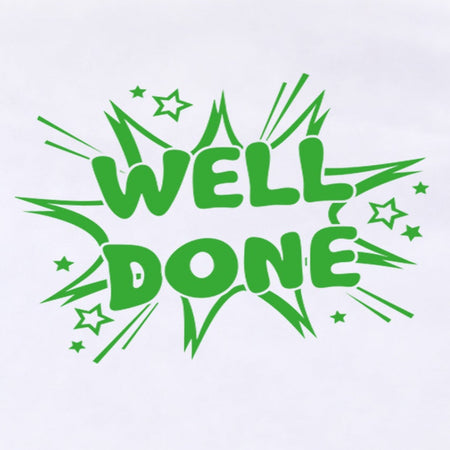Close-up of the green Well Done stock stamp impression with starburst and stars
