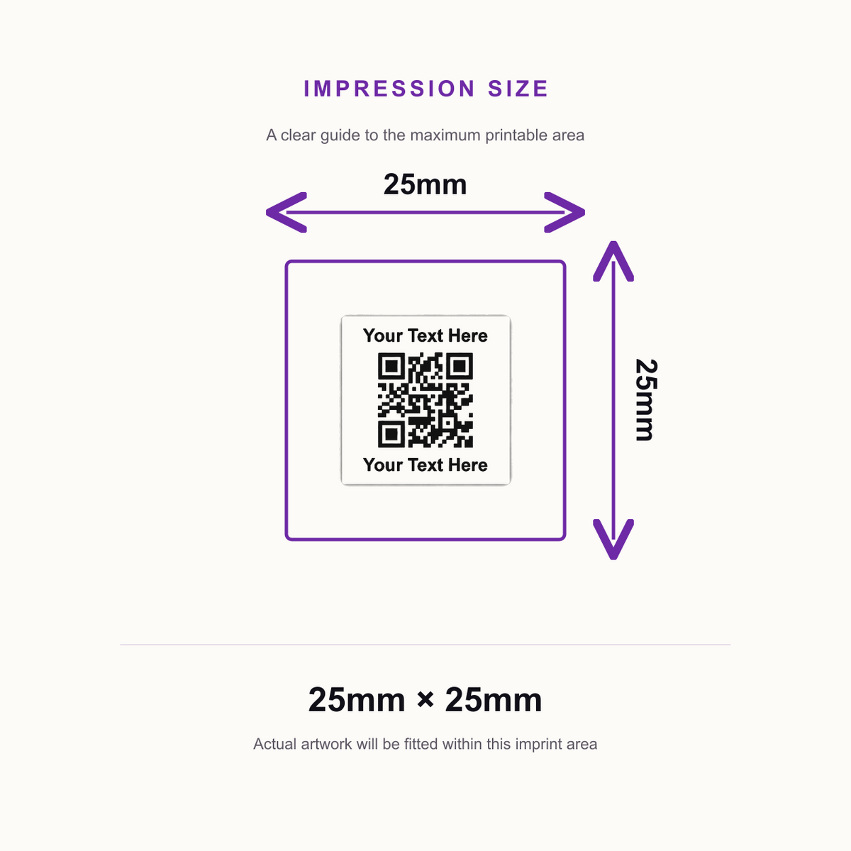 SD4U 4933 - 25 x 25mm - Personalised QR Stamp - QR Code and up to 2 Lines of Text – impression size guide 25mm × 25mm