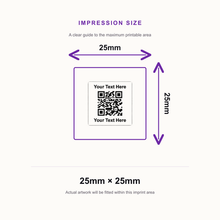 SD4U 4933 - 25 x 25mm - Personalised QR Stamp - QR Code and up to 2 Lines of Text – impression size guide 25mm × 25mm