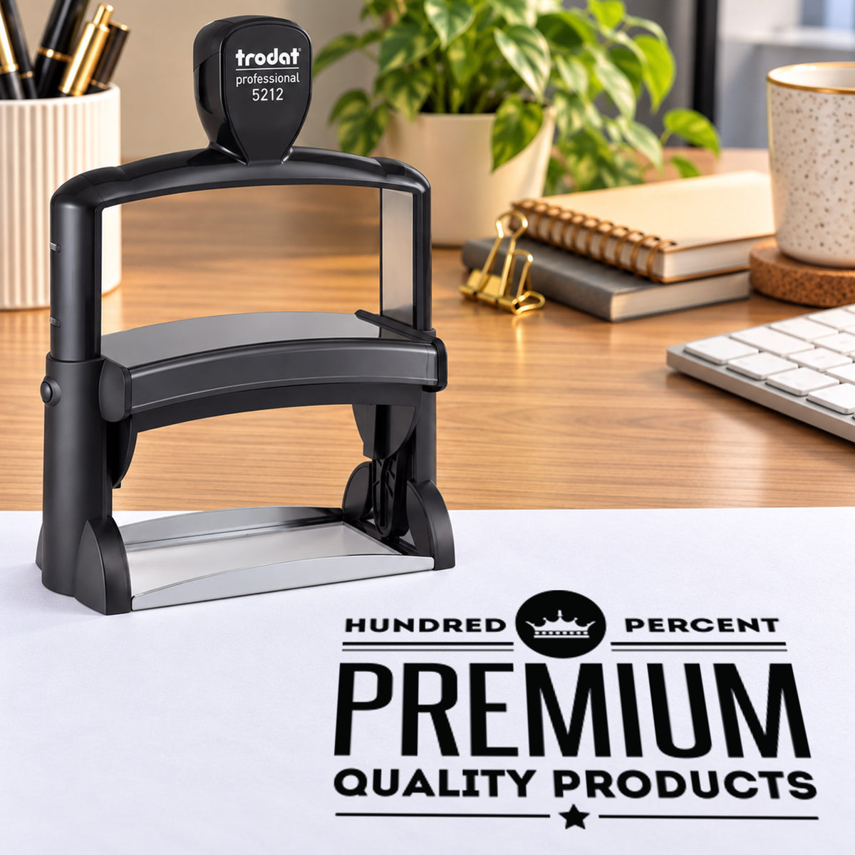 Trodat Professional 5212 on a desk beside a sample Premium Quality Products logo impression