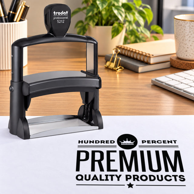 Trodat Professional 5212 on a desk beside a sample Premium Quality Products logo impression