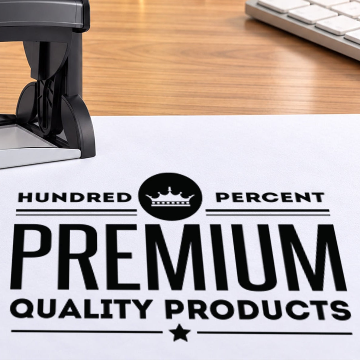 Close-up of a sample Premium Quality Products logo impression beside a Trodat Professional 5212