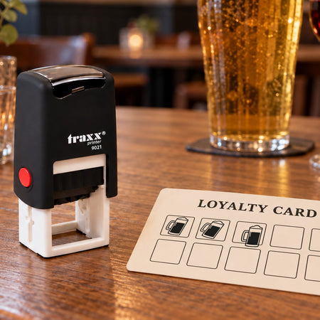 Traxx 9021 beer loyalty stamp with black impressions on an example card