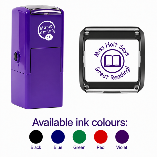 Personalised Teacher Book Stamp | Custom Reading & Literacy Stamp | Self Inking Classroom Stamp 25 x 25mm – Black