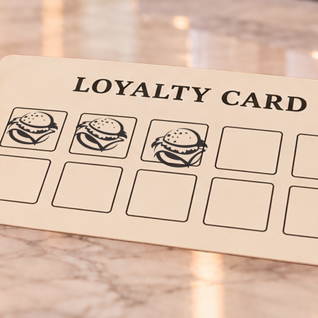 Close-up of black burger impressions on an example loyalty card