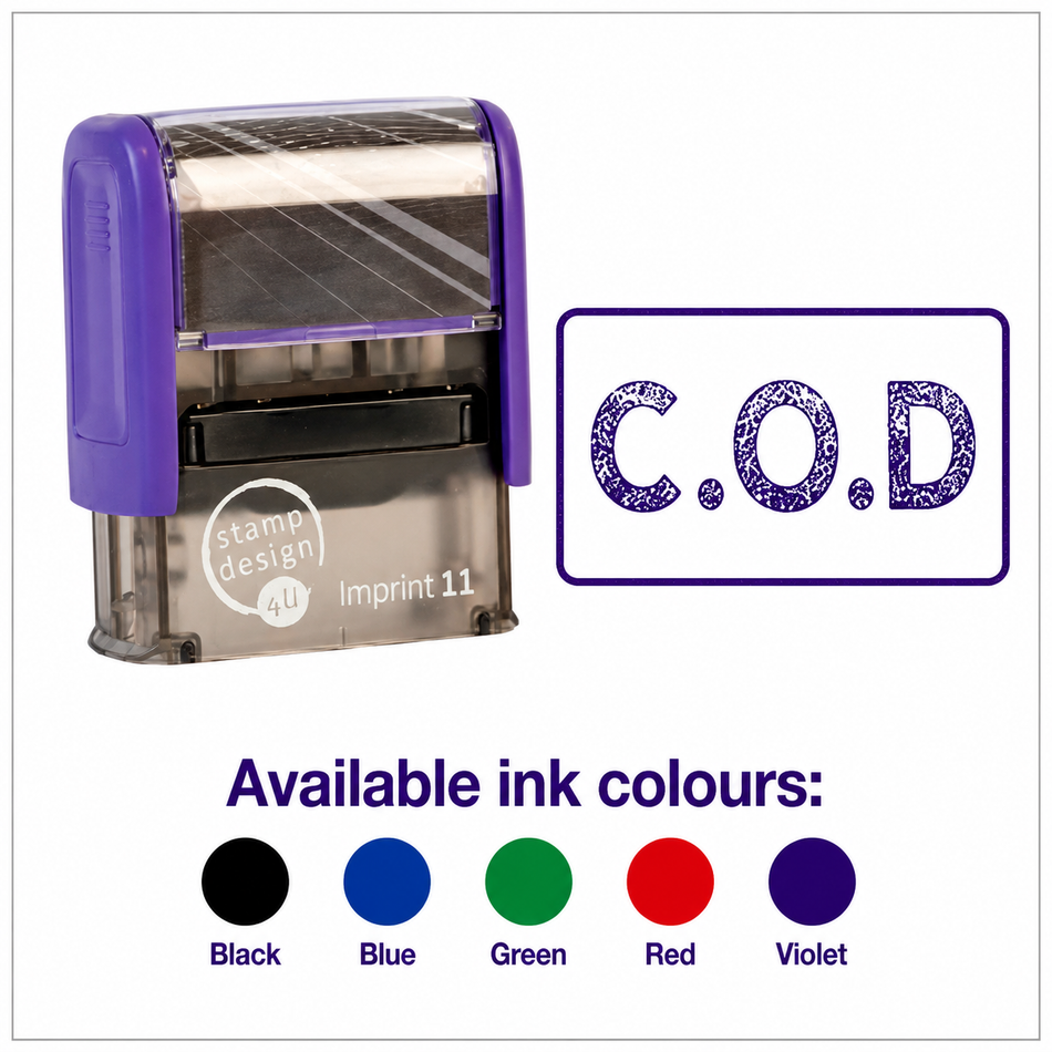 SD4U Imprint 11 C.O.D Word Stamp in 5 Ink Colours | 38 x 14mm