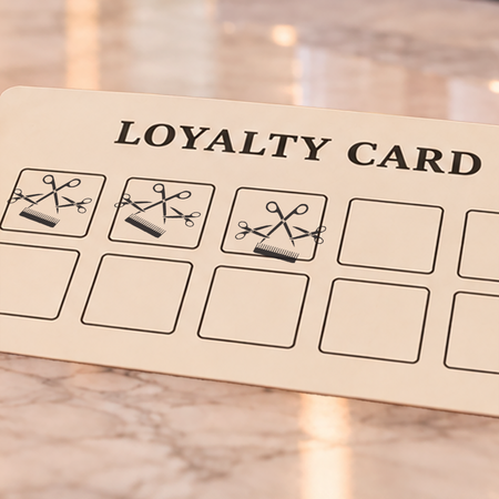 Close-up of black comb & scissors impressions on an example loyalty card