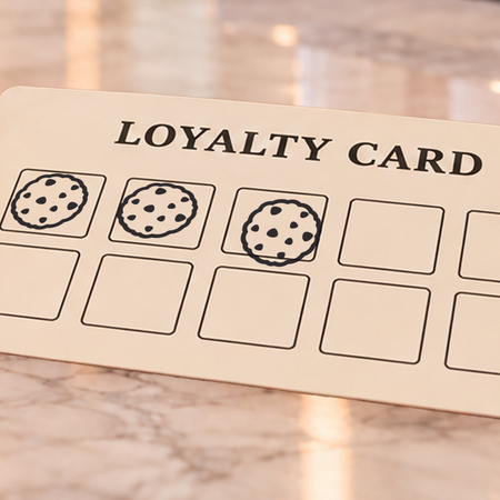 Close-up of black cookie impressions on an example loyalty card