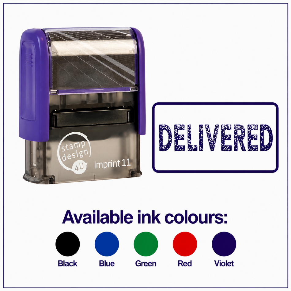 SD4U Imprint 11 DELIVERED Word Stamp in 5 Ink Colours | 38 x 14mm