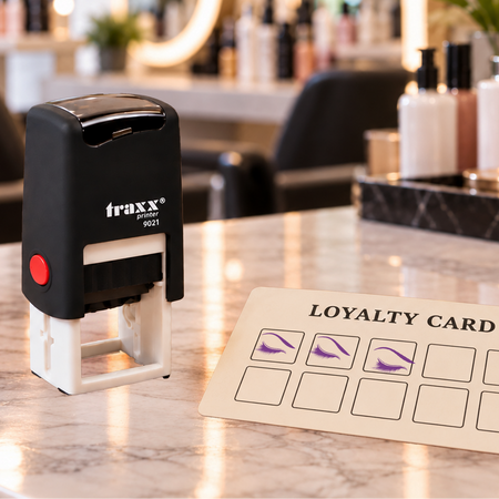 Eyelash loyalty stamp and example card showing violet impressions