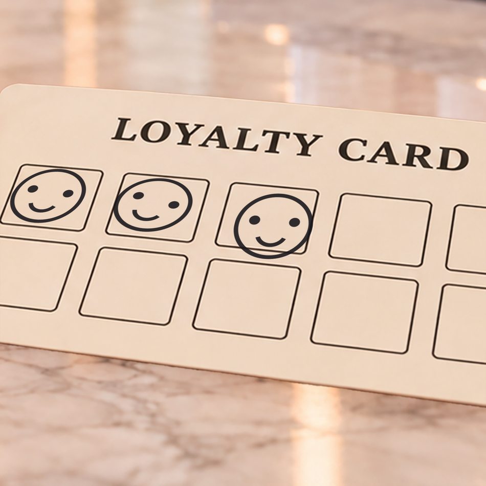Example loyalty card with three smiley-face marks and empty reward boxes