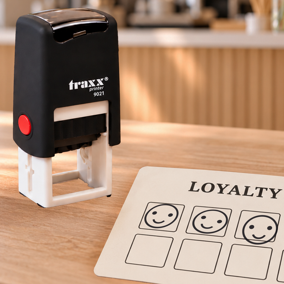 Traxx 9021 self-inking stamp beside a loyalty card with smiley-face marks