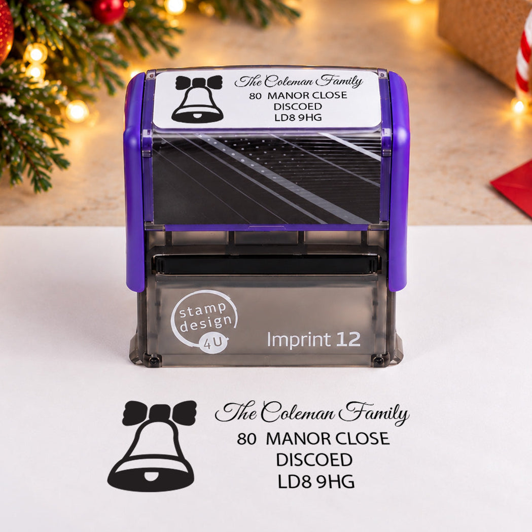 Imprint 12 personalised bell address christmas rubber stamp - stamp with black sample impression