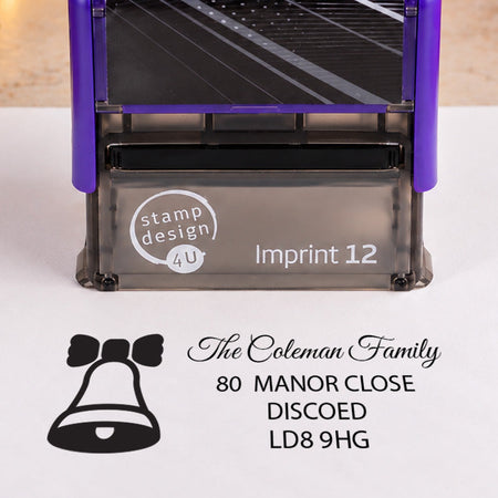 Imprint 12 personalised bell address christmas rubber stamp - close-up of black sample design
