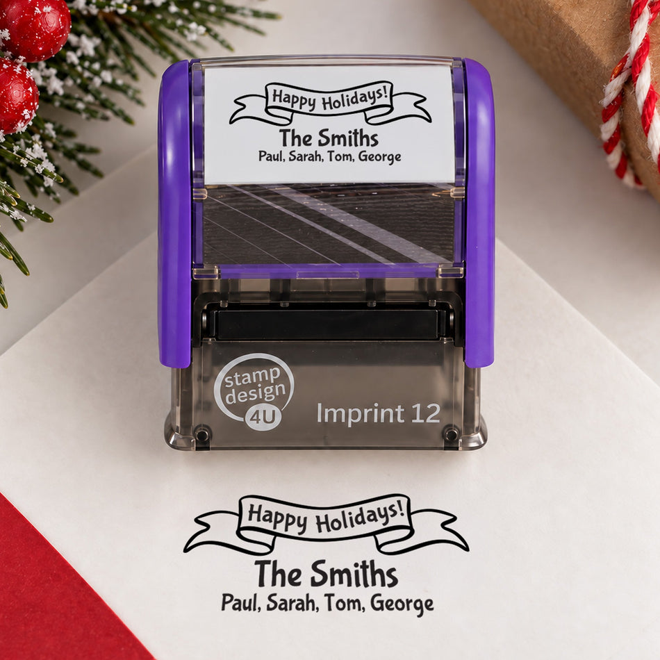 SD4U Imprint 12 | Happy Holidays Address Christmas Rubber Stamp | 47 x 17mm